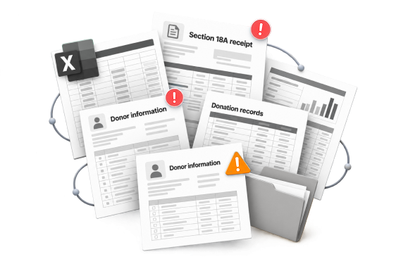 Scattered spreadsheets, receipt records and donor information documents